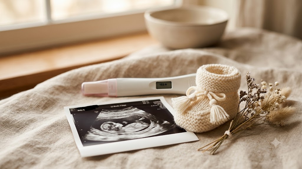 Boîte cadeau ouverte avec chaussons tricotés, échographie et eucalyptus pour annoncer une grossesse