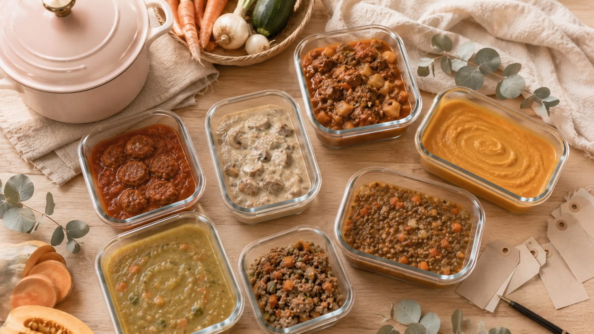 Plats maison préparés en portions et prêts à congeler : le batch cooking avant bébé