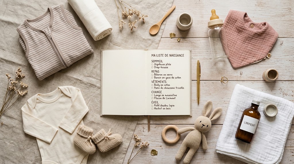 Liste de naissance complète disposée par catégories sur une table en bois : sommeil, repas, vêtements, change et éveil