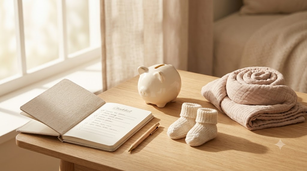 Carnet checklist, tirelire, chaussons et lange sur une table en bois : préparer son budget liste de naissance
