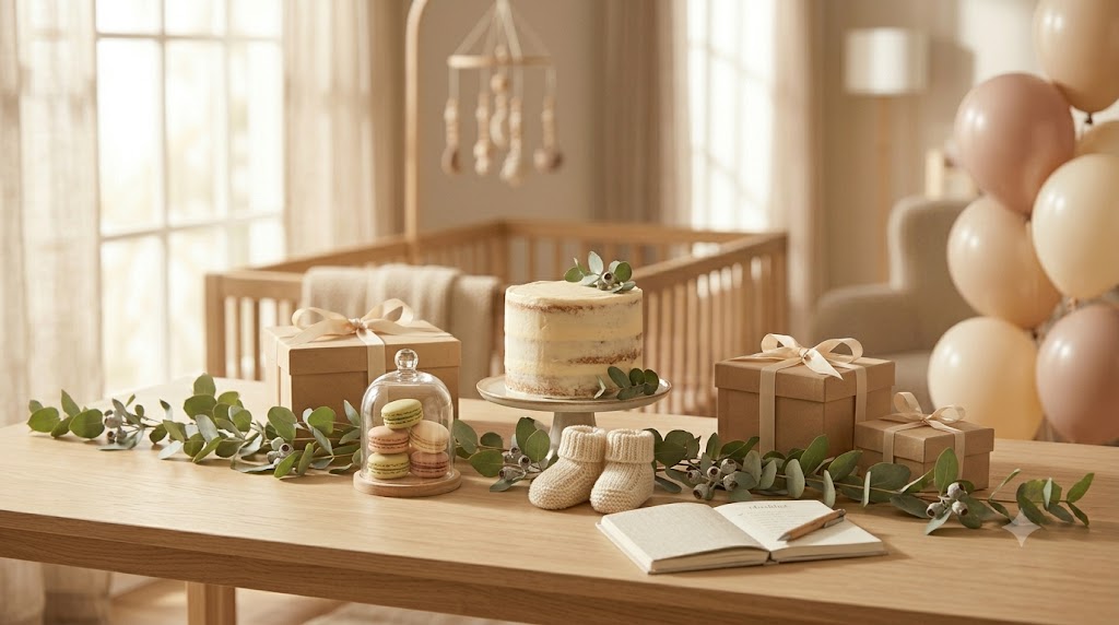 Table de baby shower : gâteau nature, eucalyptus, boîtes cadeaux kraft, macarons et chaussons dans des tons naturels