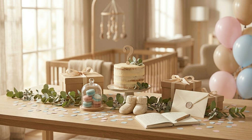 Table de gender reveal : gâteau, ballons roses et bleus, confettis et enveloppe scellée dans des tons doux