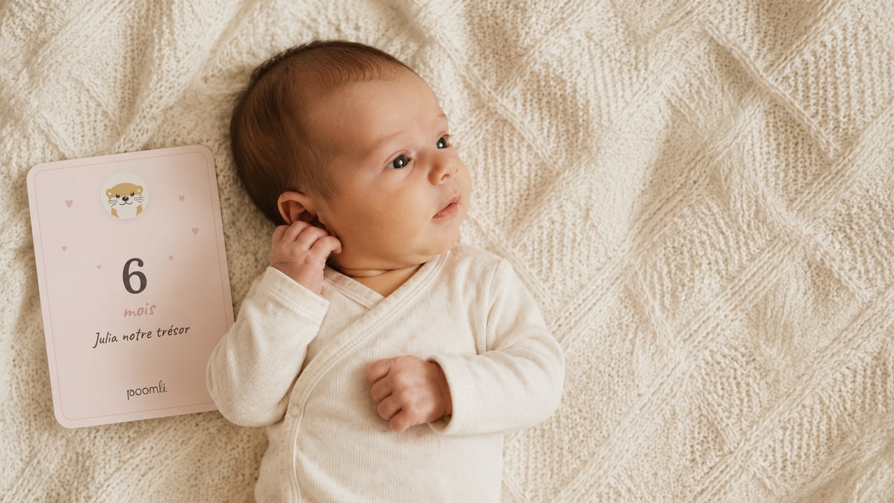 Carte étape rose posée à côté d'un bébé sur un plaid crème, lumière naturelle douce