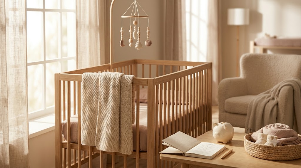 Chambre de bébé prête : lit à barreaux, mobile, plaid et table à langer dans une nursery aux tons naturels