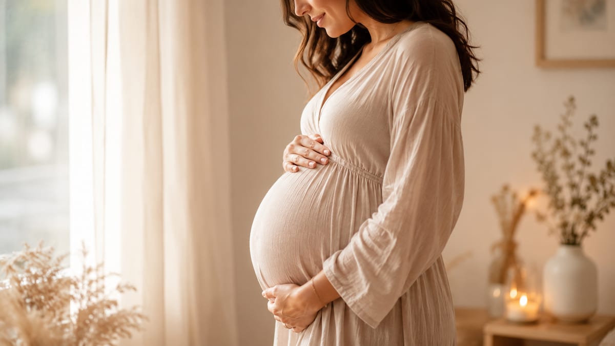 Femme enceinte sereine, mains sur son ventre : la prise de poids pendant la grossesse
