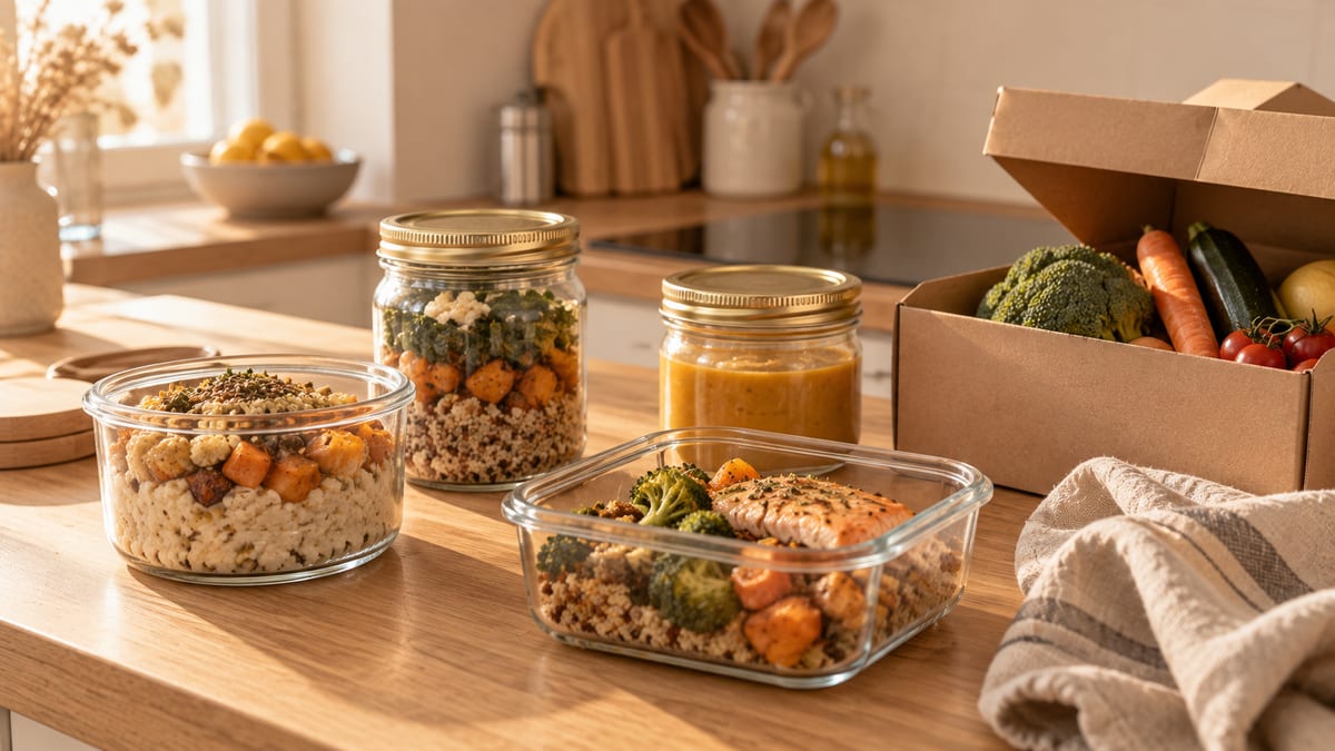 Plats maison prêts à réchauffer et box repas livrée sur un plan de travail : bien manger sans cuisiner en post-partum