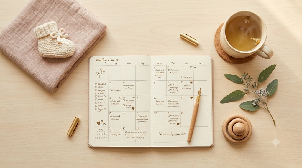 Agenda de grossesse ouvert avec un stylo, une tasse de thé et de l'eucalyptus : planifier sa grossesse mois par mois