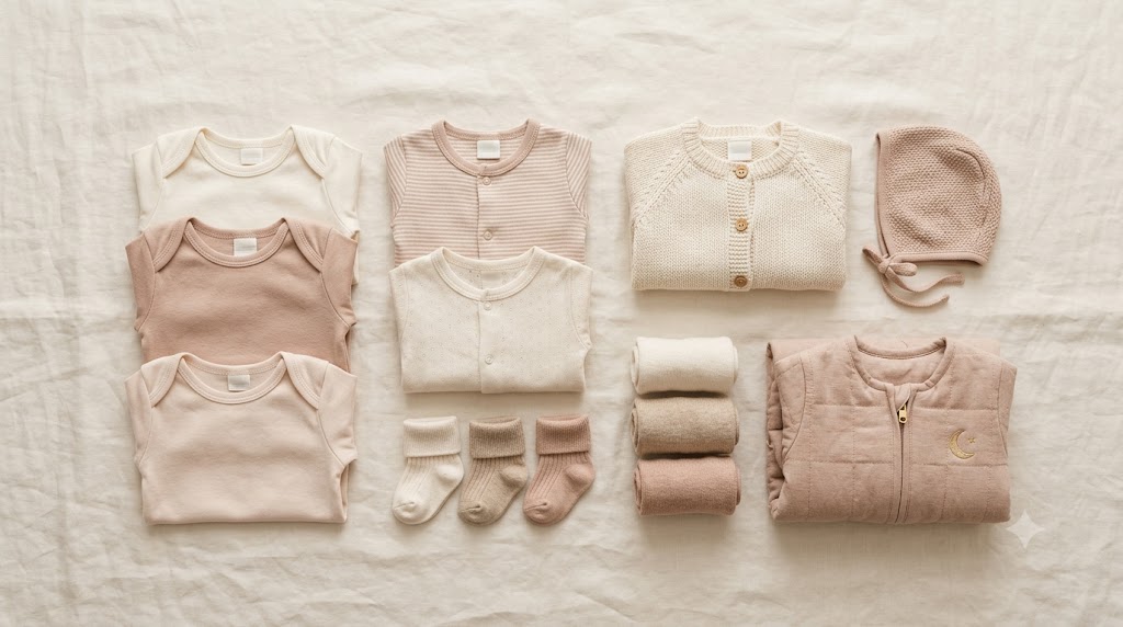 Trousseau de naissance : bodies, pyjamas, gilet, bonnet, chaussettes et gigoteuse pliés sur du lin