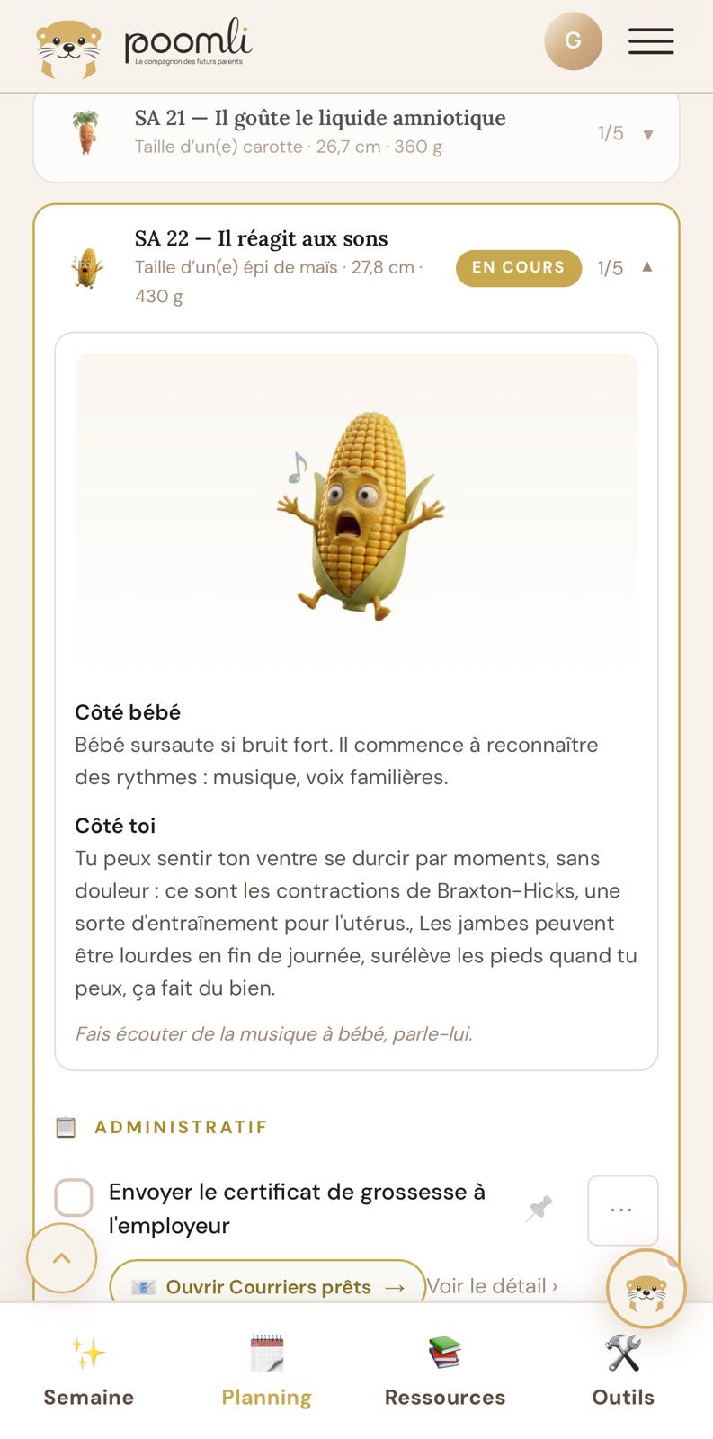 Interface Baby Planner Digital Poomli - suivi de grossesse semaine par semaine, calendrier grossesse personnalisé pour préparer sereinement l'arrivée de bébé, de la pré-conception aux premières années de bébé